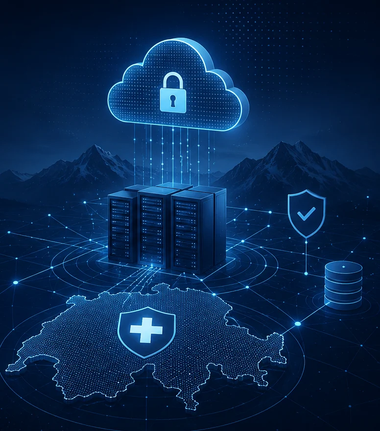 Cloud sicuro, server, rete dati e protezione digitale in Svizzera